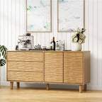 COZONY 61 Mid-Century Modern Sideboard Buffet, Natural Wood Cabinet with 3 Drawers & 2 Doors, Undulating Groove Design with Adjustable Shelf