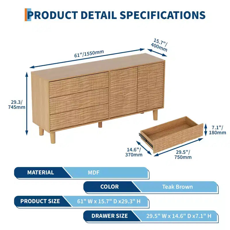 COZONY 61 Buffet credenza moderno di metà secolo, mobile in legno naturale con 3 cassetti e 2 ante, design con scanalature ondulate e ripiano regolabile