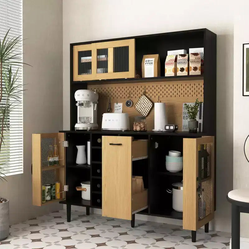 Madia in legno Okak, Mobile Bufft con 4 ante e 2 cassetti, Armadietto contenitore per soggiorno, sala da pranzo, cucina