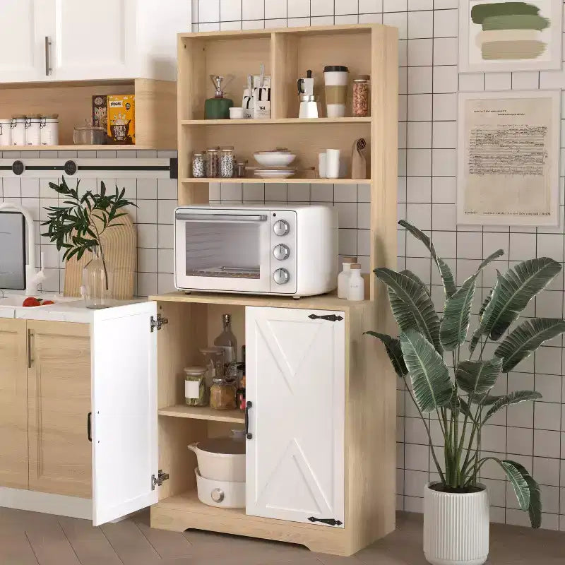 Madia in legno Okak, Mobile Bufft con 4 ante e 2 cassetti, Armadietto contenitore per soggiorno, sala da pranzo, cucina
