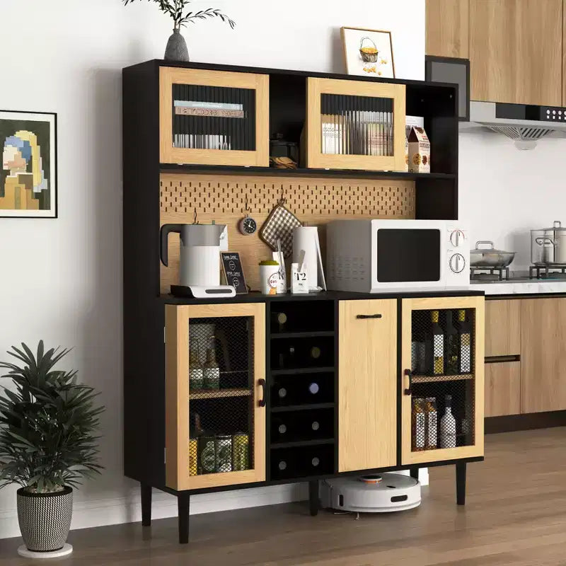 Madia in legno Okak, Mobile Bufft con 4 ante e 2 cassetti, Armadietto contenitore per soggiorno, sala da pranzo, cucina