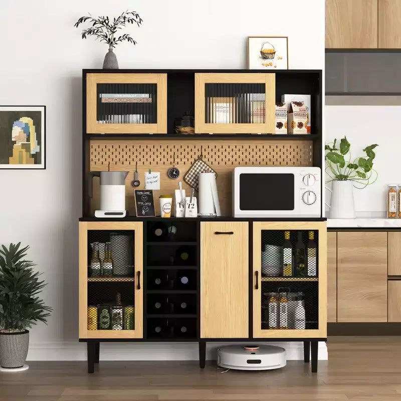 Madia in legno Okak, Mobile Bufft con 4 ante e 2 cassetti, Armadietto contenitore per soggiorno, sala da pranzo, cucina