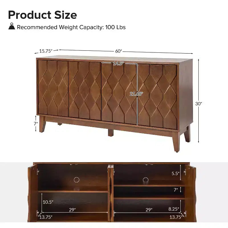 Rosalind 60 Credenza larga moderna con frontali delle ante a rilievo geometrico | KARAT HOME-WALNUT