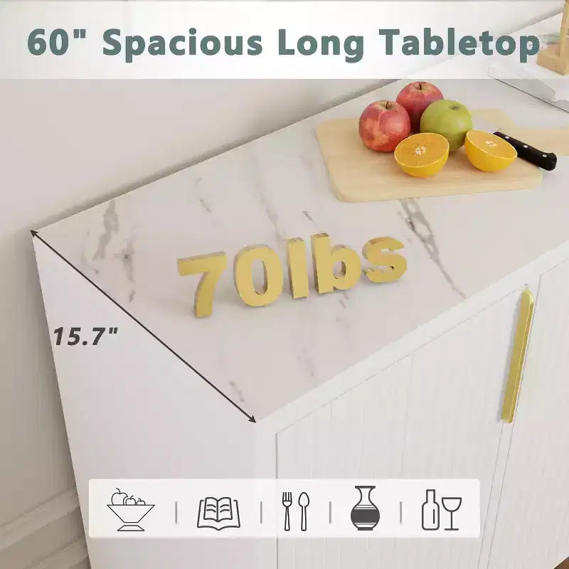 Zevemomo Credenza da Buffet Mobile Contenitore 60 pollici Tavolo Consolle da Caffè con Ripiano Regolabile, 4 Ante, Bianco