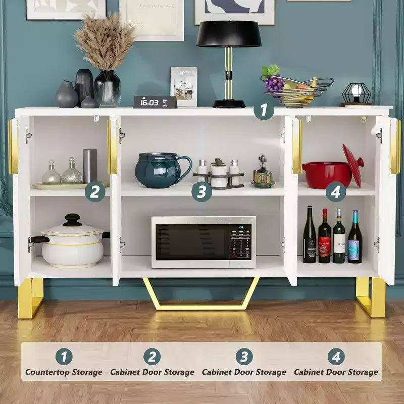 Zevemomo Credenza da Buffet Mobile Contenitore 60 pollici Tavolo Consolle da Caffè con Ripiano Regolabile, 4 Ante, Bianco