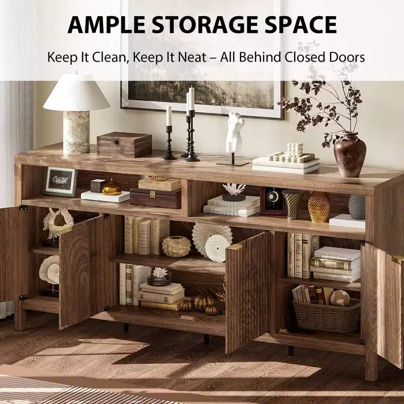 Buffet CuisinSmart de 167 cm, moderne avec portes cannelées, 4 portes, rangement avec étagères réglables, pour salle à manger, salon, entrée