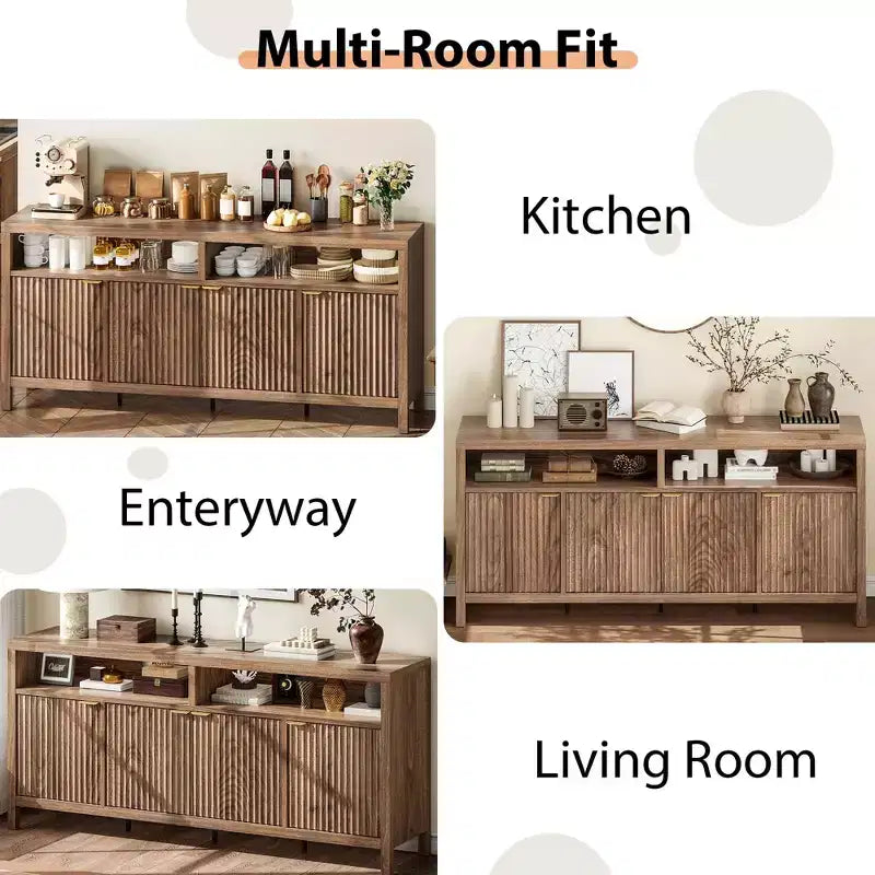 Buffet CuisinSmart de 167 cm, moderne avec portes cannelées, 4 portes, rangement avec étagères réglables, pour salle à manger, salon, entrée