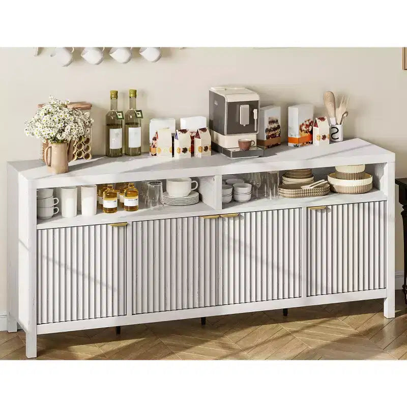 Buffet CuisinSmart de 167 cm, moderne avec portes cannelées, 4 portes, rangement avec étagères réglables, pour salle à manger, salon, entrée