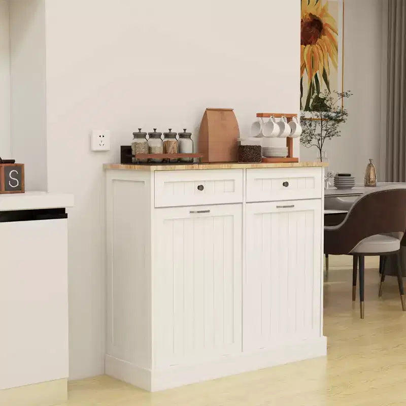 Mobile Credenza Okak con 2 cassetti a ribalta e 2 cassetti scorrevoli, Mobile da credenza con ripiano superiore color legno, Mobile da cucina per sala da pranzo, Bianco