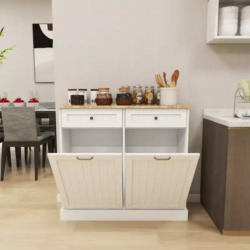 Mobile Credenza Okak con 2 cassetti a ribalta e 2 cassetti scorrevoli, Mobile da credenza con ripiano superiore color legno, Mobile da cucina per sala da pranzo, Bianco