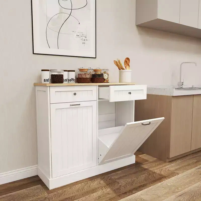 Meuble de rangement Okak avec 2 tiroirs basculants et 2 tiroirs coulissants, buffet avec plateau couleur bois, meuble de cuisine pour salle à manger, blanc