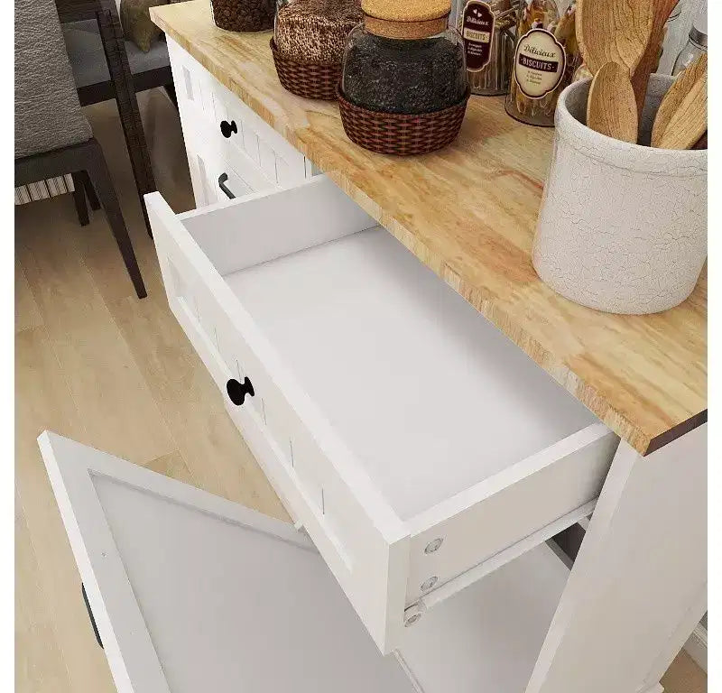 Meuble de rangement Okak avec 2 tiroirs basculants et 2 tiroirs coulissants, buffet avec plateau couleur bois, meuble de cuisine pour salle à manger, blanc
