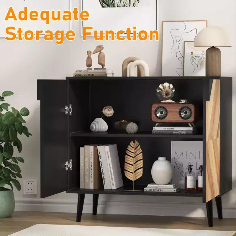 COZONY 31,5 Mobile Contenitore Moderno con Scaffale e Ante, Credenza a Buffet Nera e Noce per Sala da Pranzo, Soggiorno, Ingresso
