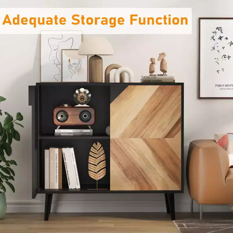 COZONY 31,5 Mobile Contenitore Moderno con Scaffale e Ante, Credenza a Buffet Nera e Noce per Sala da Pranzo, Soggiorno, Ingresso