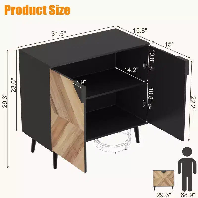 COZONY 31,5 Mobile Contenitore Moderno con Scaffale e Ante, Credenza a Buffet Nera e Noce per Sala da Pranzo, Soggiorno, Ingresso