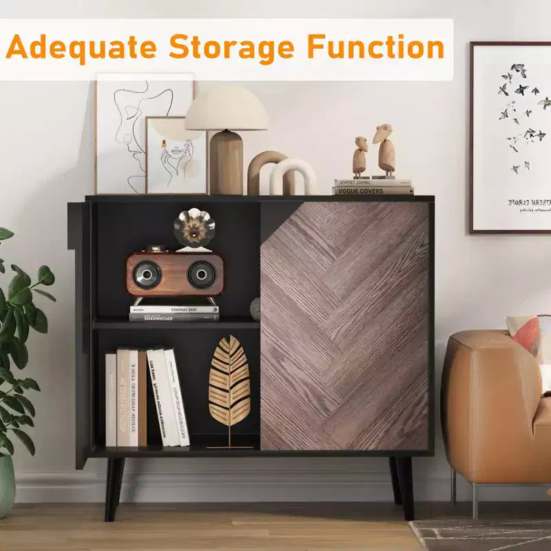 COZONY Buffet Moderne 80cm avec Étagère et Portes, Bahut en Grain de Noyer et Noir pour Salle à Manger, Salon, Entrée