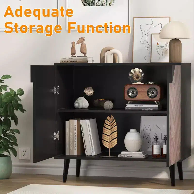 COZONY 31,5 Mobile Contenitore Moderno con Scaffale e Ante, Credenza a Buffet Nera e Noce per Sala da Pranzo, Soggiorno, Ingresso