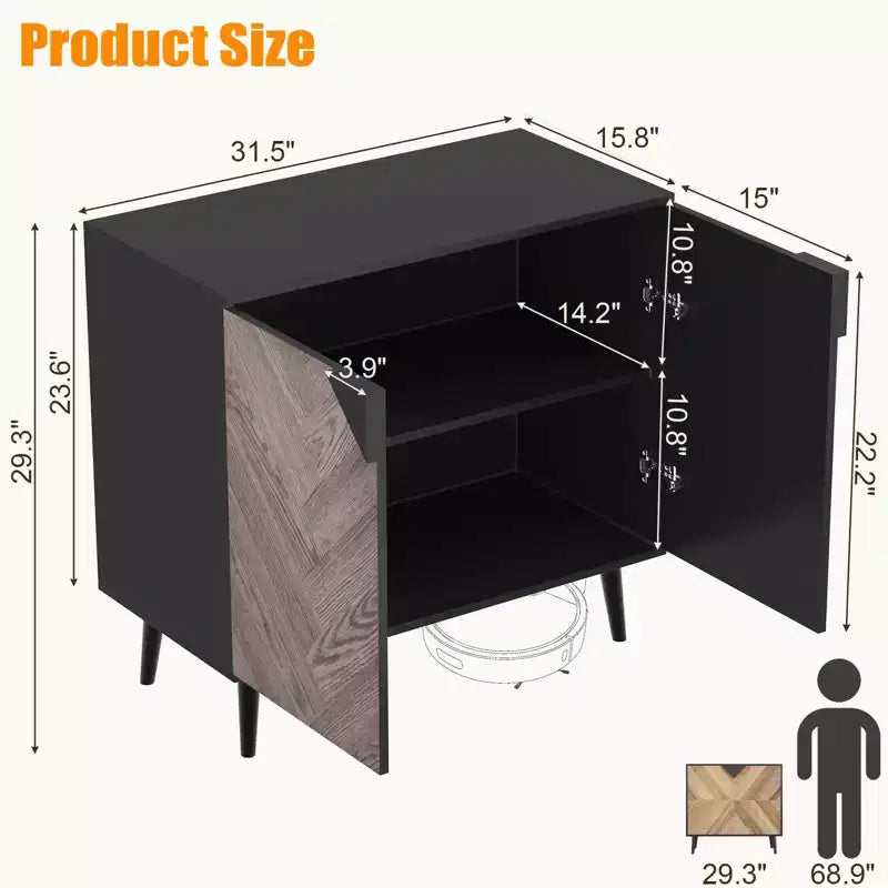 COZONY 31,5 Mobile Contenitore Moderno con Scaffale e Ante, Credenza a Buffet Nera e Noce per Sala da Pranzo, Soggiorno, Ingresso