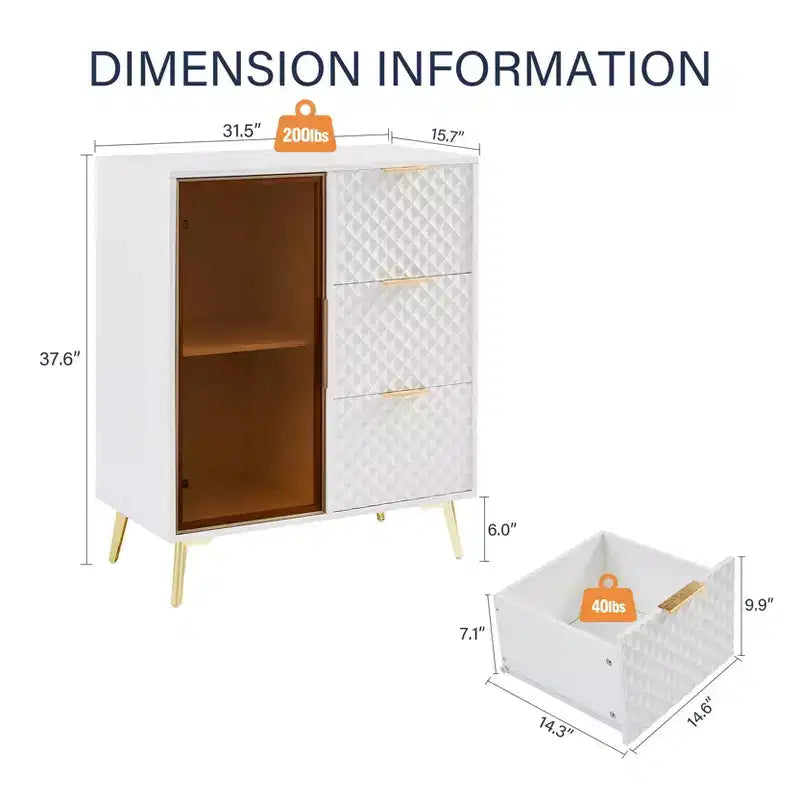 Mobile contenitore Okak Modern Carved con anta in vetro temperato, mobile laterale con piedini in metallo regolabili, mobile credenza per soggiorno