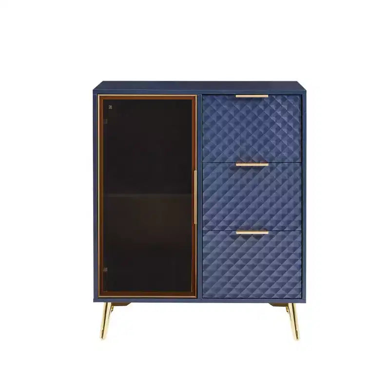 Mobile contenitore Okak Modern Carved con anta in vetro temperato, mobile laterale con piedini in metallo regolabili, mobile credenza per soggiorno