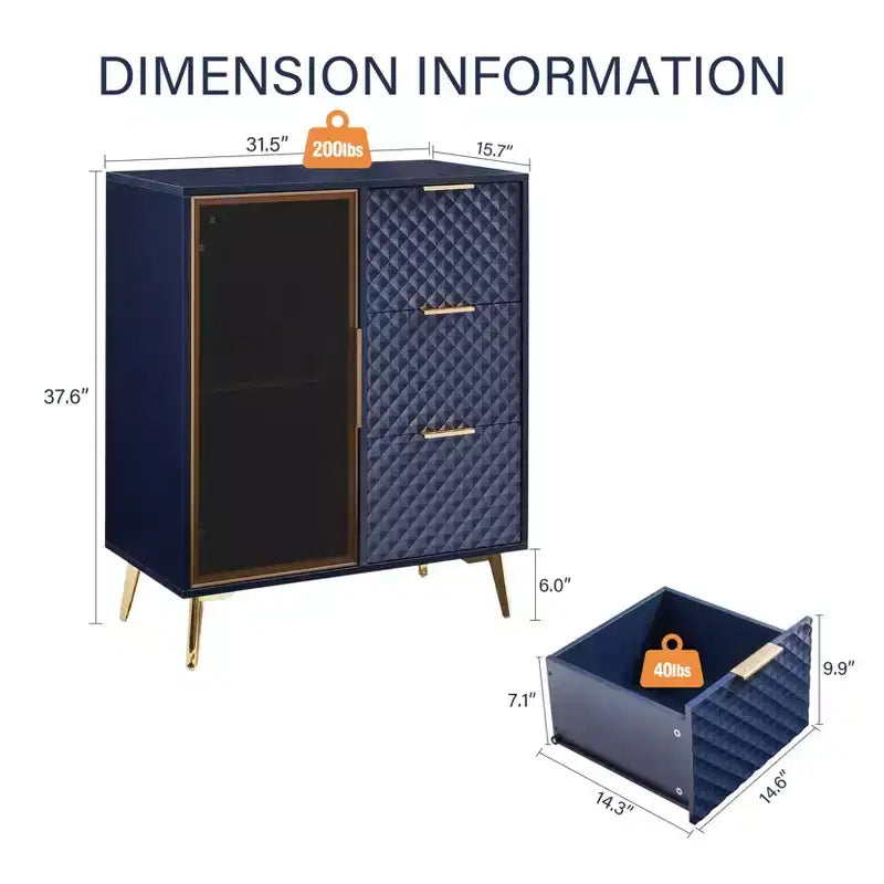 Mobile contenitore Okak Modern Carved con anta in vetro temperato, mobile laterale con piedini in metallo regolabili, mobile credenza per soggiorno