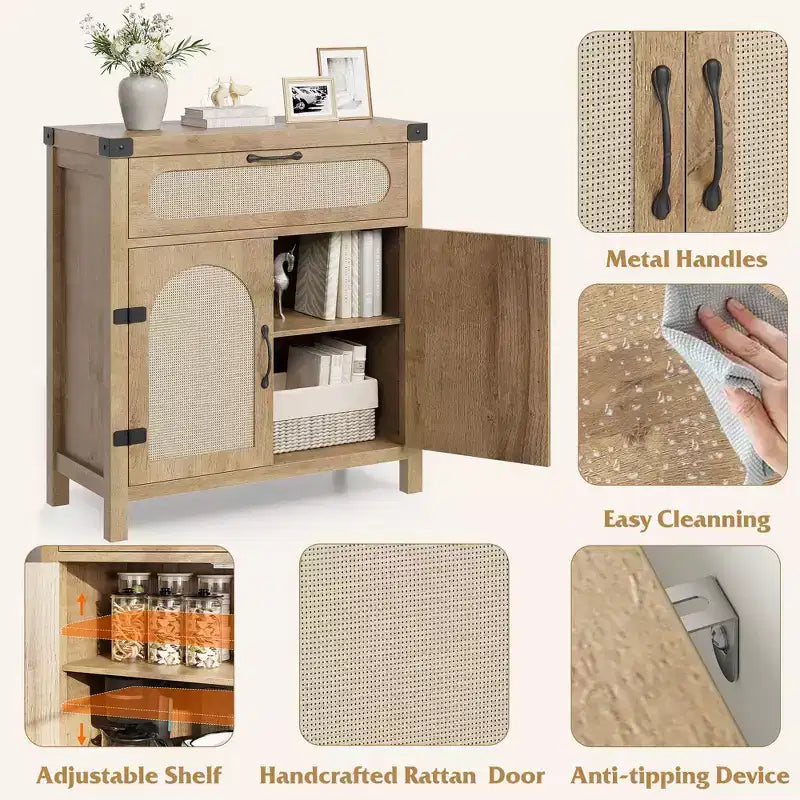 COZONY Meuble Buffet en Rotin avec Tiroir, Meuble de Rangement Bohème de Style Ferme avec Bar à Café pour Salle à Manger, Salon, Couloir, Naturel