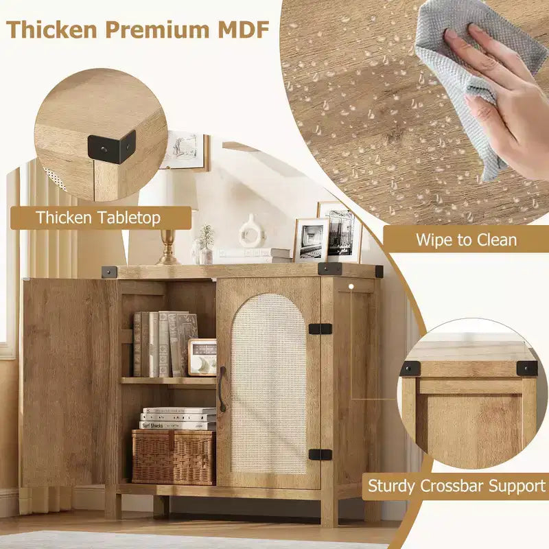 COZONY Meuble Buffet en Rotin avec Tiroir, Meuble de Rangement Bohème de Style Ferme avec Bar à Café pour Salle à Manger, Salon, Couloir, Naturel