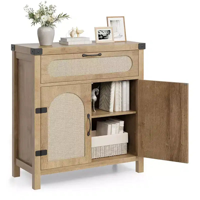 COZONY Meuble Buffet en Rotin avec Tiroir, Meuble de Rangement Bohème de Style Ferme avec Bar à Café pour Salle à Manger, Salon, Couloir, Naturel