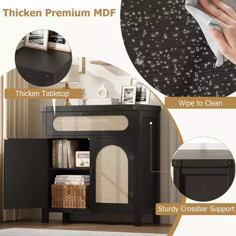 COZONY Meuble Buffet en Rotin avec Tiroir, Meuble de Rangement Bohème de Style Ferme avec Bar à Café pour Salle à Manger, Salon, Couloir, Naturel