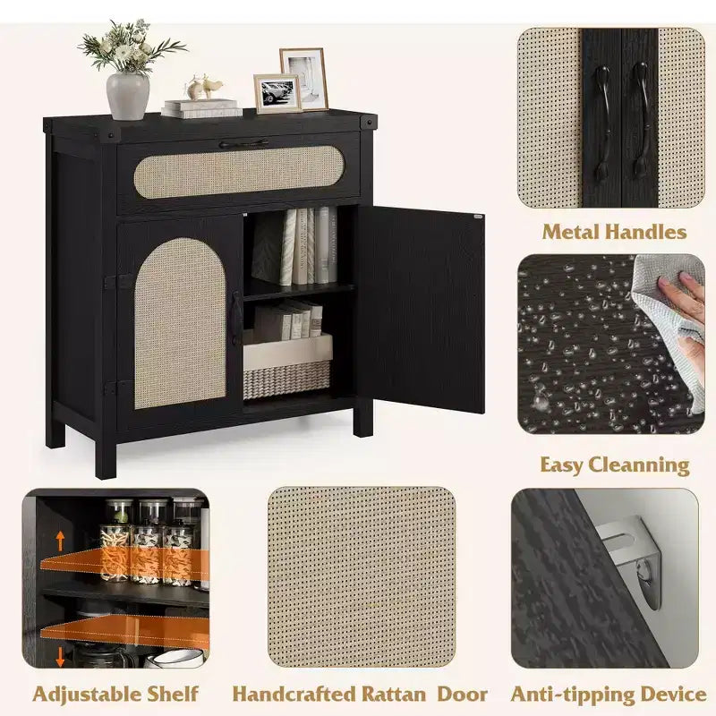 COZONY Meuble Buffet en Rotin avec Tiroir, Meuble de Rangement Bohème de Style Ferme avec Bar à Café pour Salle à Manger, Salon, Couloir, Naturel