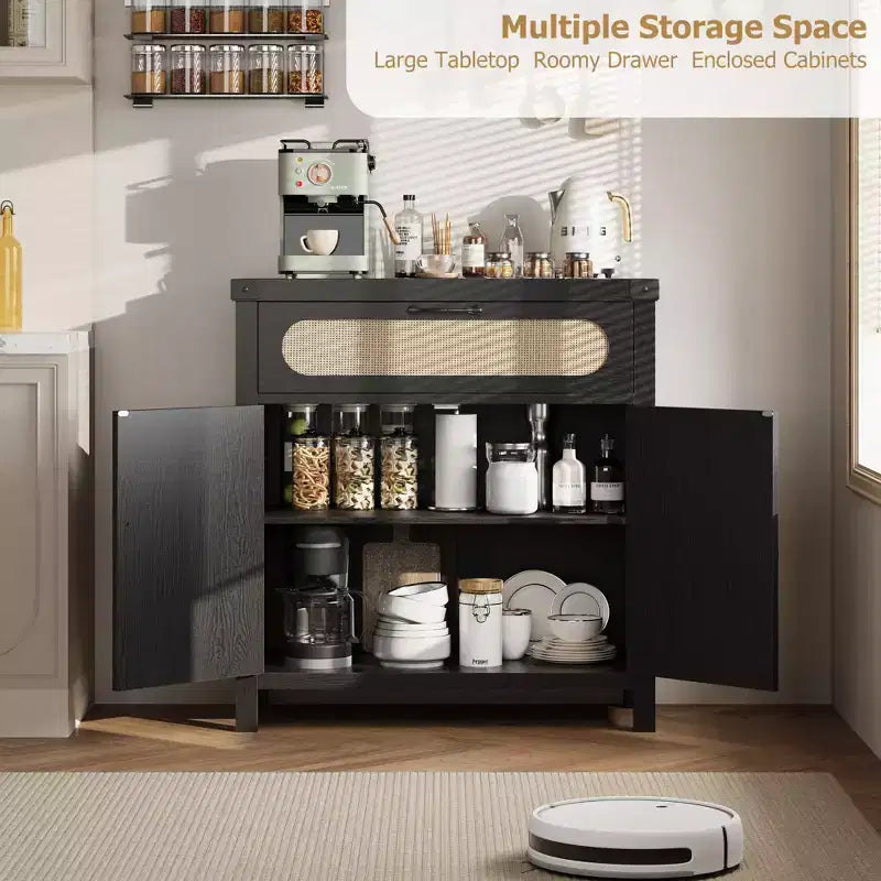COZONY Meuble Buffet en Rotin avec Tiroir, Meuble de Rangement Bohème de Style Ferme avec Bar à Café pour Salle à Manger, Salon, Couloir, Naturel