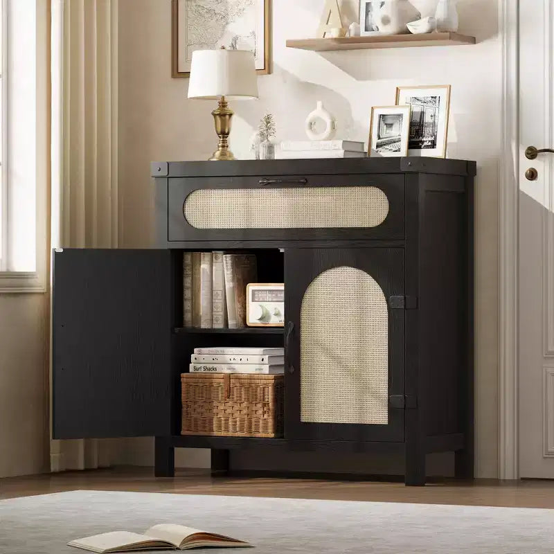 COZONY Meuble Buffet en Rotin avec Tiroir, Meuble de Rangement Bohème de Style Ferme avec Bar à Café pour Salle à Manger, Salon, Couloir, Naturel