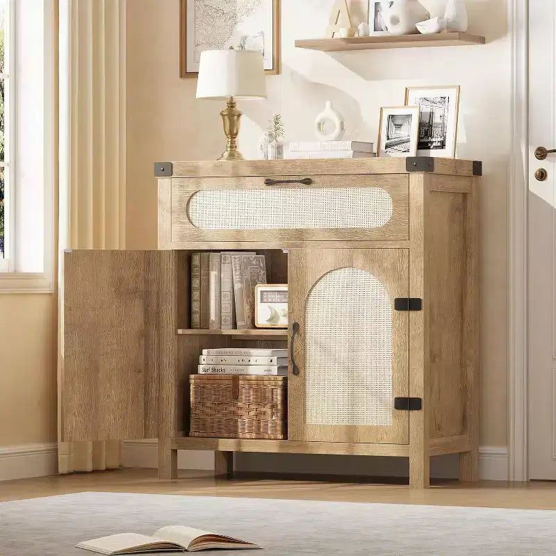 COZONY Meuble Buffet en Rotin avec Tiroir, Meuble de Rangement Bohème de Style Ferme avec Bar à Café pour Salle à Manger, Salon, Couloir, Naturel