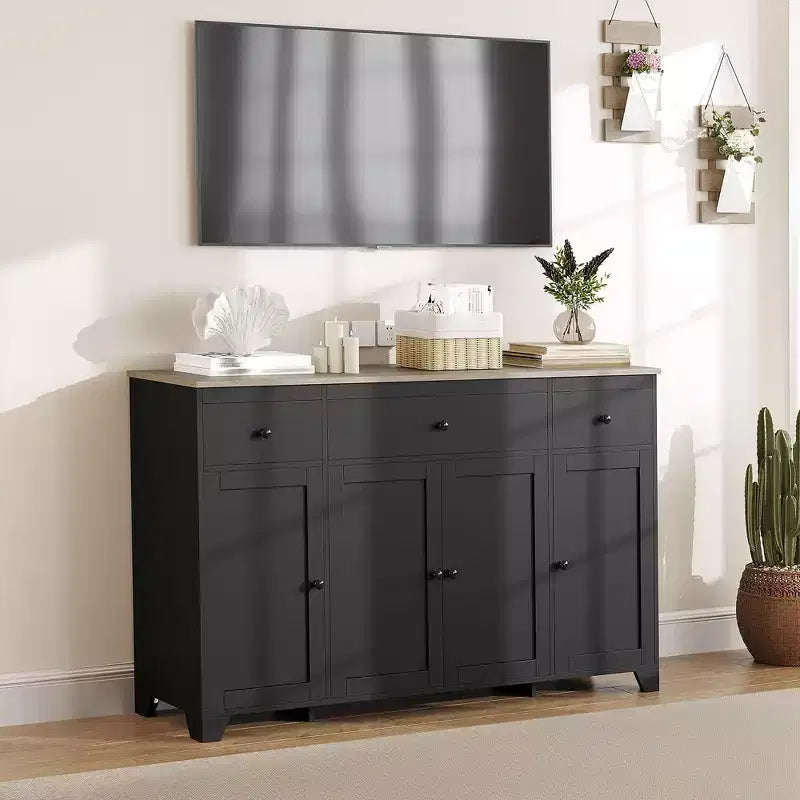 55 Sideboard Buffet Cabinet with Storage, Minimalist Kitchen Storage Cabinet with Adjustable Shelf 3 Drawers & 4 Doors for Dining Living Room- White