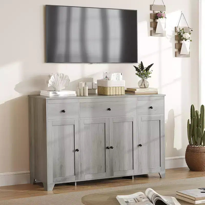 Buffet enfilade de 140 cm avec rangement, buffet de cuisine minimaliste avec étagère réglable, 3 tiroirs et 4 portes pour salle à manger et salon - Blanc