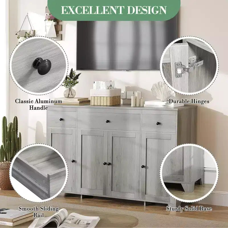 Buffet enfilade de 140 cm avec rangement, buffet de cuisine minimaliste avec étagère réglable, 3 tiroirs et 4 portes pour salle à manger et salon - Blanc