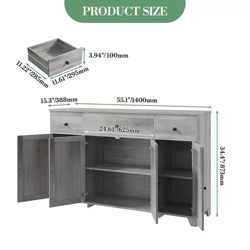 Buffet enfilade de 140 cm avec rangement, buffet de cuisine minimaliste avec étagère réglable, 3 tiroirs et 4 portes pour salle à manger et salon - Blanc