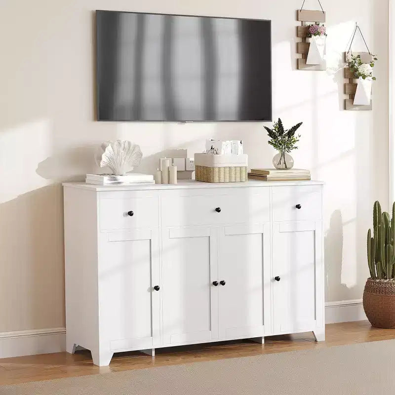 Buffet enfilade de 140 cm avec rangement, buffet de cuisine minimaliste avec étagère réglable, 3 tiroirs et 4 portes pour salle à manger et salon - Blanc
