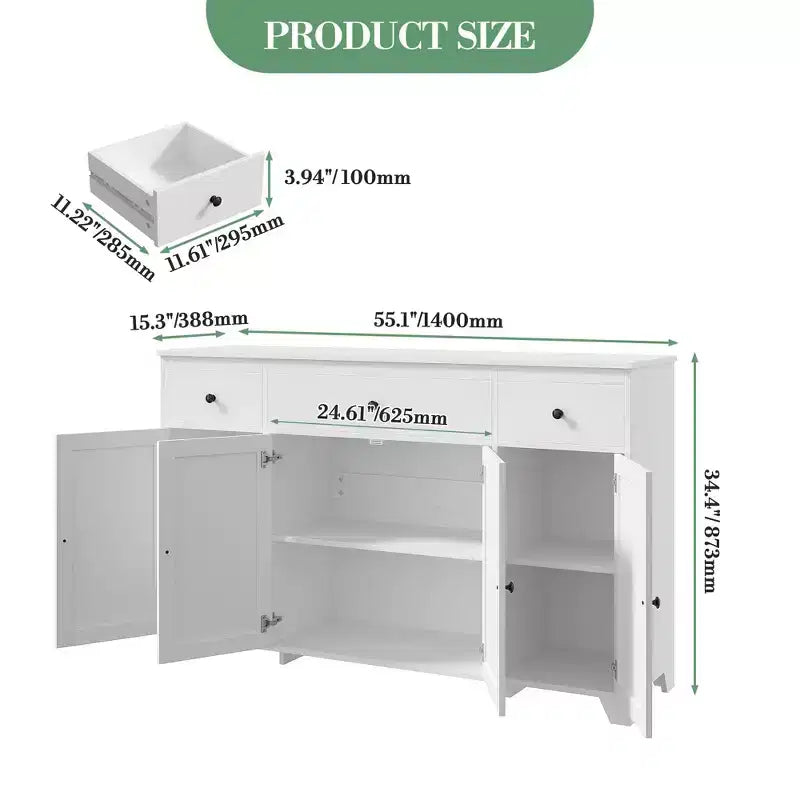 Buffet enfilade de 140 cm avec rangement, buffet de cuisine minimaliste avec étagère réglable, 3 tiroirs et 4 portes pour salle à manger et salon - Blanc