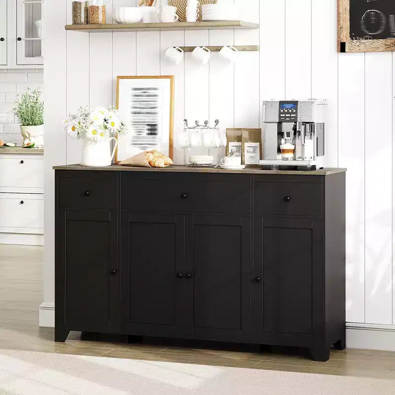 Buffet enfilade de 140 cm avec rangement, buffet de cuisine minimaliste avec étagère réglable, 3 tiroirs et 4 portes pour salle à manger et salon - Blanc