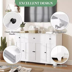Buffet enfilade de 140 cm avec rangement, buffet de cuisine minimaliste avec étagère réglable, 3 tiroirs et 4 portes pour salle à manger et salon - Blanc