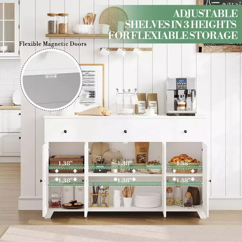 Buffet enfilade de 140 cm avec rangement, buffet de cuisine minimaliste avec étagère réglable, 3 tiroirs et 4 portes pour salle à manger et salon - Blanc