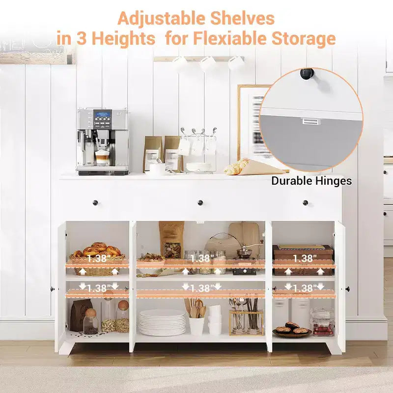 Buffet enfilade de 140 cm avec rangement, buffet de cuisine minimaliste avec étagère réglable, 3 tiroirs et 4 portes pour salle à manger et salon - Blanc