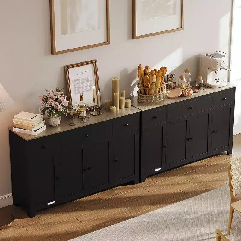 Buffet enfilade de 140 cm avec rangement, buffet de cuisine minimaliste avec étagère réglable, 3 tiroirs et 4 portes pour salle à manger et salon - Blanc