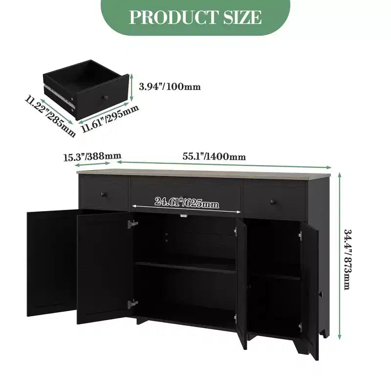 Buffet enfilade de 140 cm avec rangement, buffet de cuisine minimaliste avec étagère réglable, 3 tiroirs et 4 portes pour salle à manger et salon - Blanc