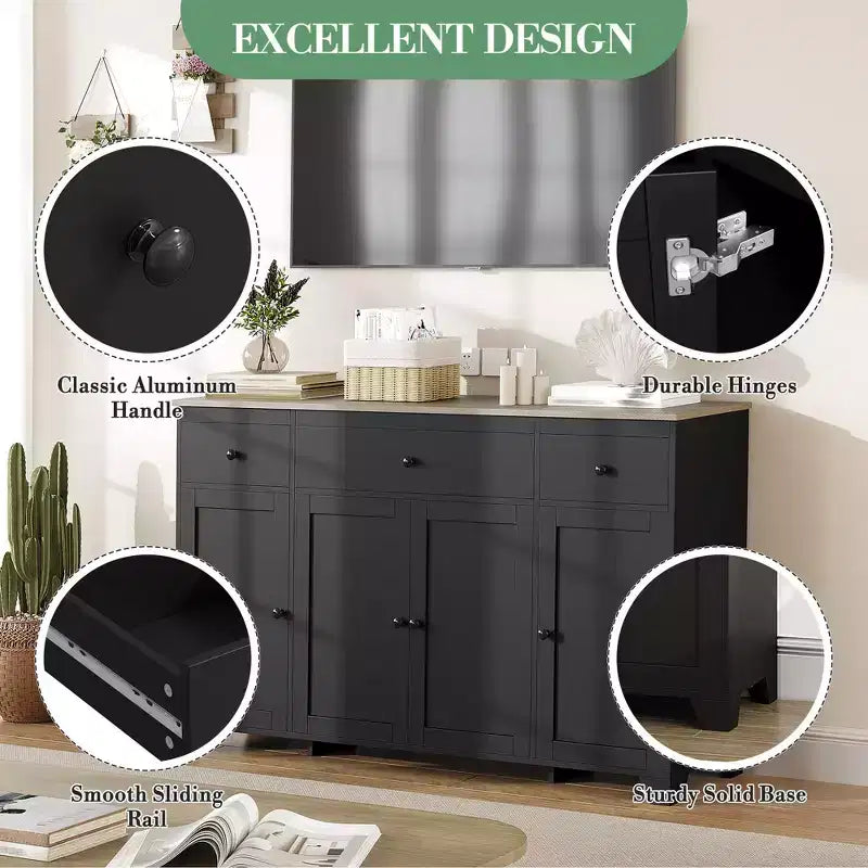 Buffet enfilade de 140 cm avec rangement, buffet de cuisine minimaliste avec étagère réglable, 3 tiroirs et 4 portes pour salle à manger et salon - Blanc