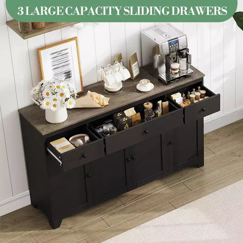 Buffet enfilade de 140 cm avec rangement, buffet de cuisine minimaliste avec étagère réglable, 3 tiroirs et 4 portes pour salle à manger et salon - Blanc