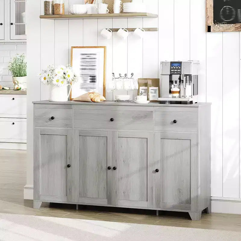 Buffet enfilade de 140 cm avec rangement, buffet de cuisine minimaliste avec étagère réglable, 3 tiroirs et 4 portes pour salle à manger et salon - Blanc