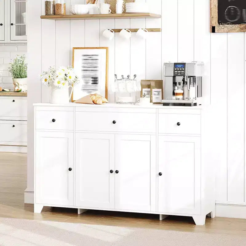 Buffet enfilade de 140 cm avec rangement, buffet de cuisine minimaliste avec étagère réglable, 3 tiroirs et 4 portes pour salle à manger et salon - Blanc