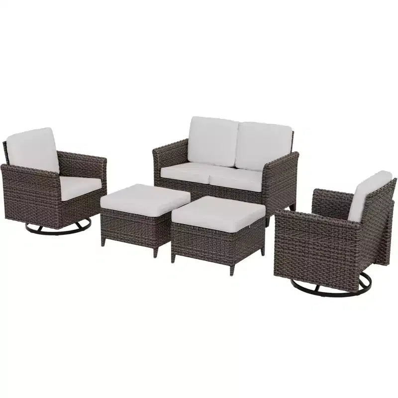 Set da conversazione per patio EAGLE PEAK Ocean Vista da 5 pezzi, in vimini marrone screziato, con poltrone girevoli e divanetto